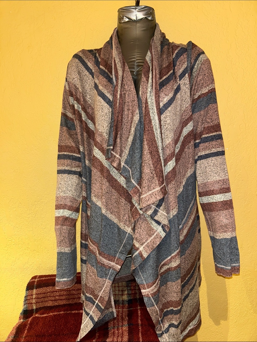 Maurices Multicolor Striped Draped Cardigan - Brown, Navy & Cream